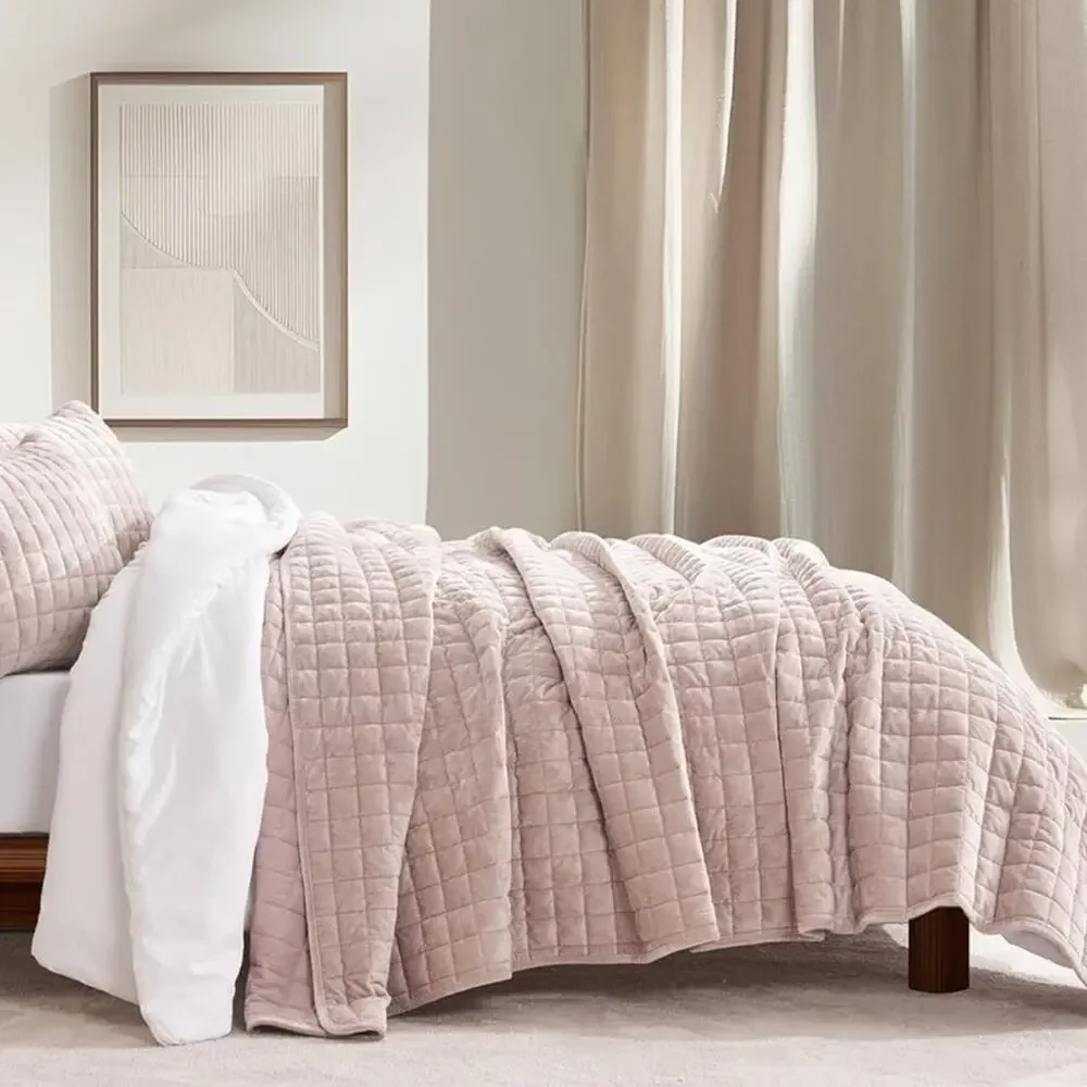 🆕 PB Luxury Pink Velvet Quilt Coverlet Bread spread Set Hotel Queen Ballet